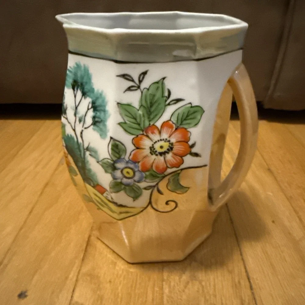 Vintage Made in Japan Lusterware Pitcher Floral Landscape Octagonal Porcelain